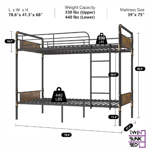 Convertible Metal Bunk Bed Twin Over Twin with Guardrails